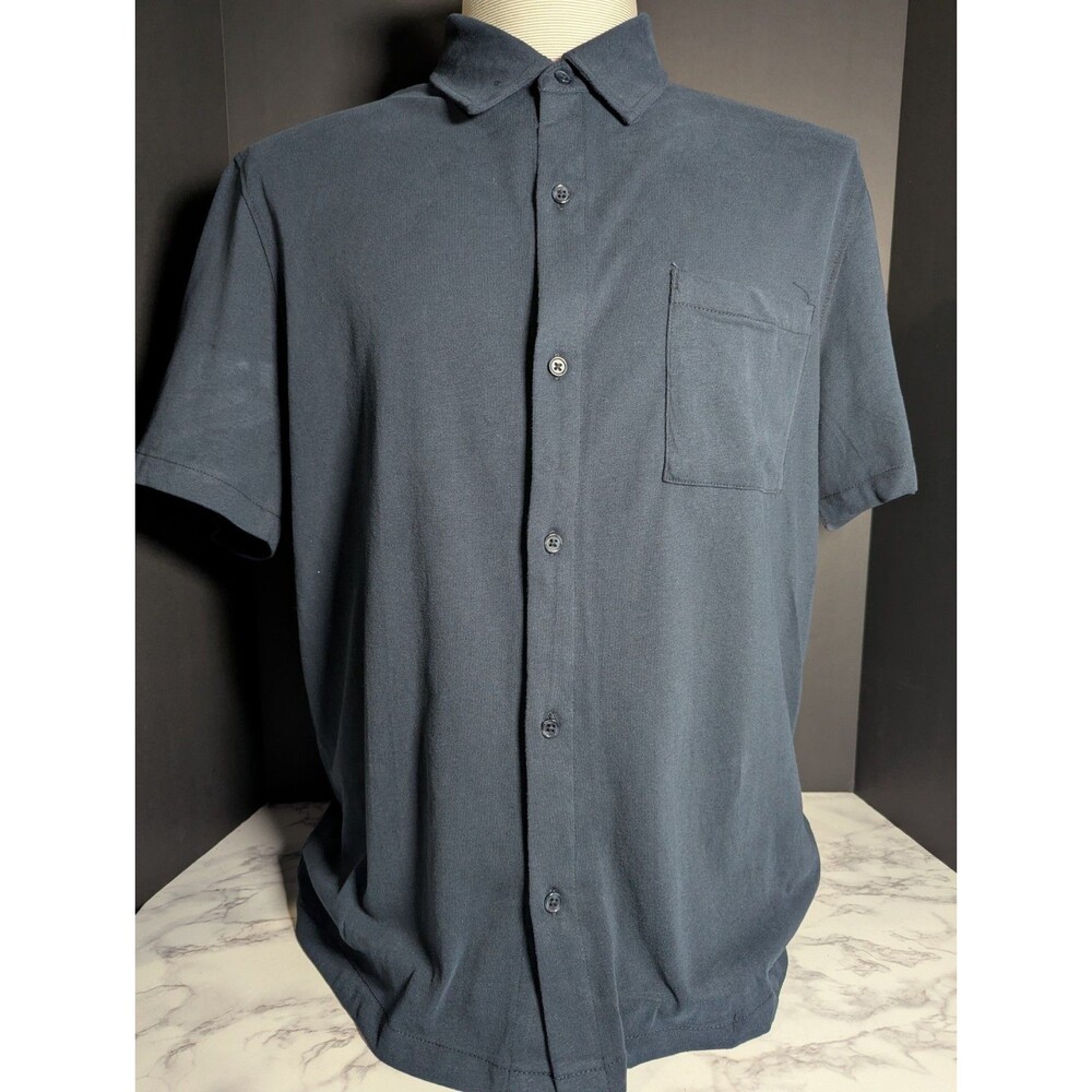 NWT Neiman Marcus Men's M Pima Cotton Short Sleeve Button Down Shirt Blue Knit